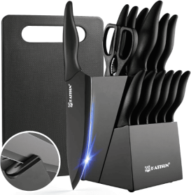 16 Pieces Kitchen Knife Block Set With Cutting Board, German Stainless Steel Knife Set With Sharpener, Dishwasher Safe, Anti-Slip Handle, 6 Steak (Option: Black-16Pieces)