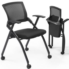 2 Pack Stackable Conference Room Chairs With Wheels, Folding Office Chair With Rebound Back, Padded Seat For Training Room, Guest, Reception, Eve (Option: Black)