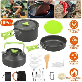 Set Of 16Pcs Camping Cooking Ware Camping Stove Cookware Kit Aluminum Kettle With Bowls Knife Fork Spoon Carabiner Spatula Cutting Board For Hiki (Option: CookwareSet)